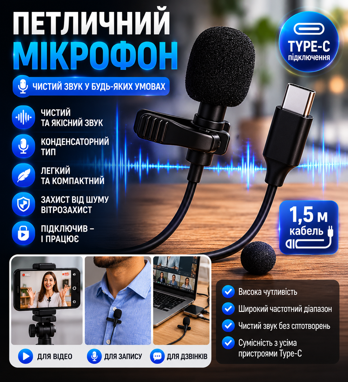 Петличный микрофон Type-C купить Украина